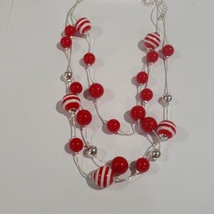 Elegant Layered Silver tone Red & White Beads Necklace - Women's Fashion Jewelry